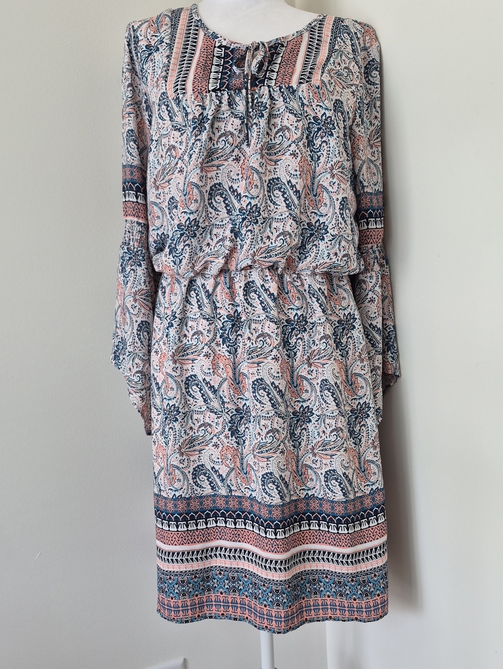 C Est 1946 Paisley Blouson Long-Sleeve Dress in Navy and Blush Size L
